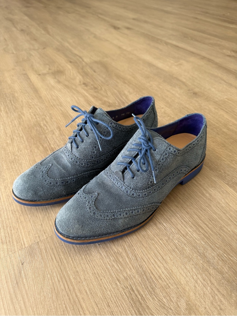 Cole Haan Blue Suede Wingtip Oxfords with Purple Lining